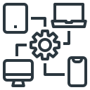 A settings cog icon that splits off into four different devices